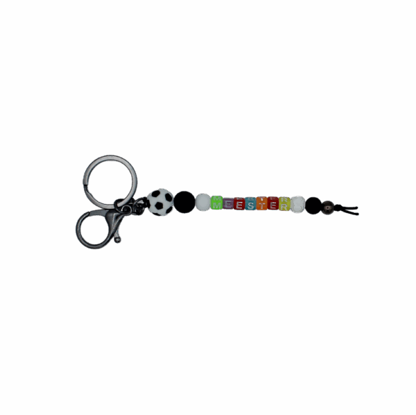 Handgemaakte sleutelhanger met siliconen kralen in verschillende kleuren.
