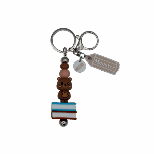 Gepersonaliseerde sleutelhanger met beertje en de tekst Meester