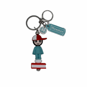 Gepersonaliseerde sleutelhanger met superheldpoppetje en de tekst Meester