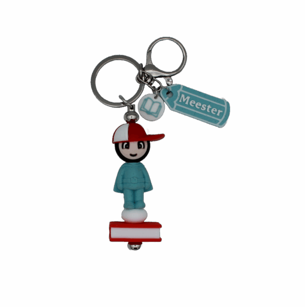 Gepersonaliseerde sleutelhanger met superheldpoppetje en de tekst Meester