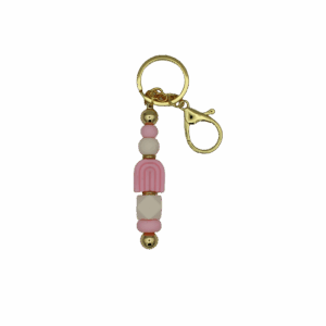 Handgemaakte sleutelhanger met siliconen kralen in verschillende kleuren.