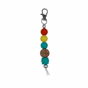 Handgemaakte sleutelhanger met siliconen kralen in verschillende kleuren.