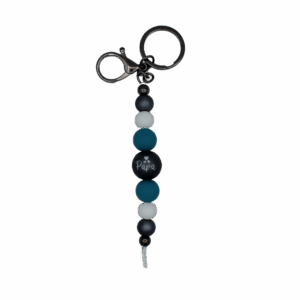 Handgemaakte sleutelhanger met siliconen kralen in verschillende kleuren.