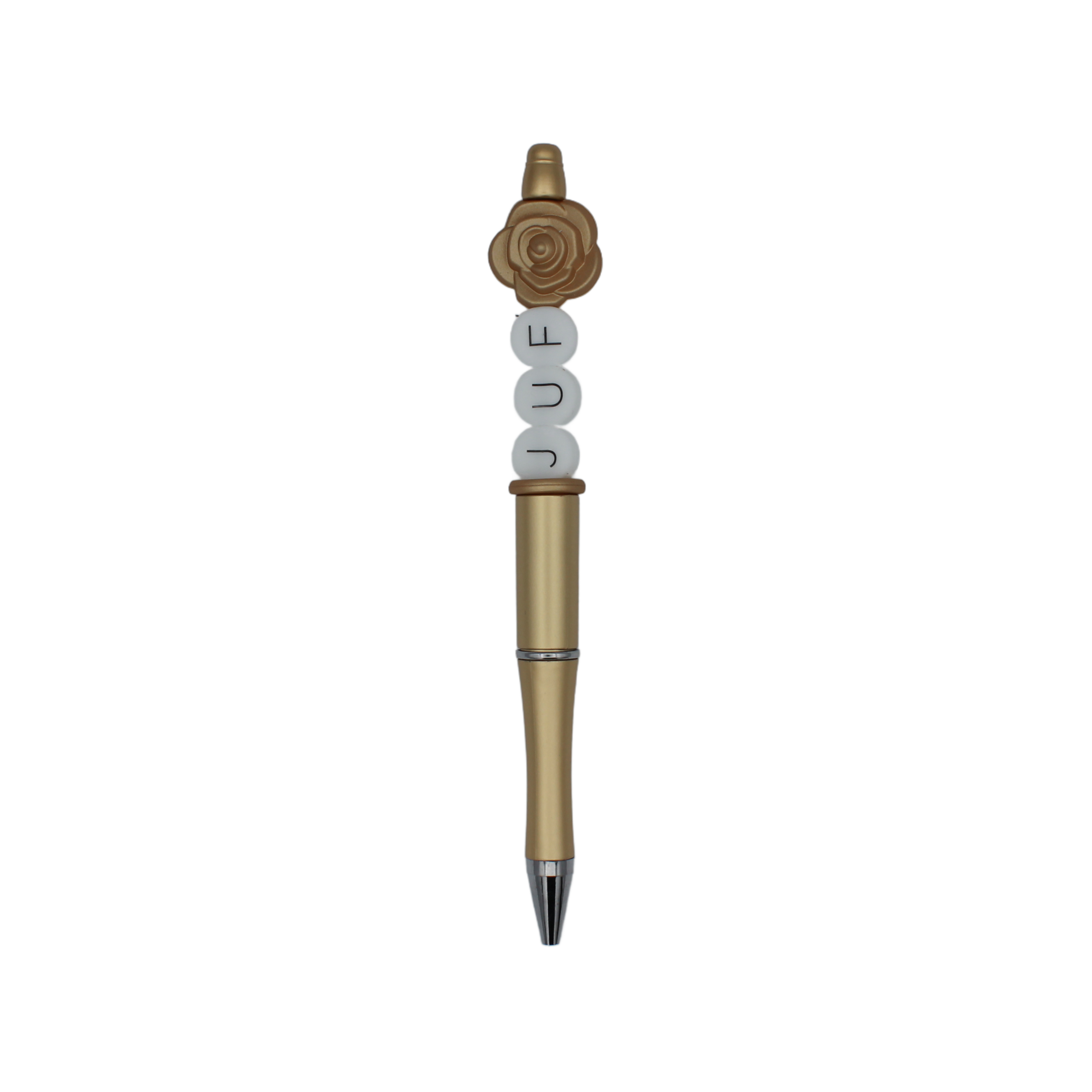 Handgemaakte pen versierd met kleurijke siliconen kralen.